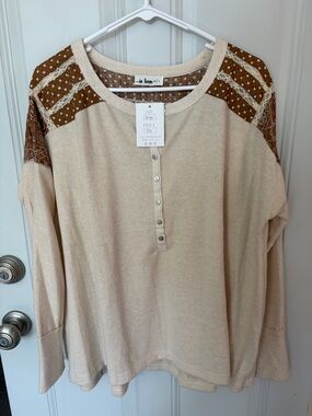 In Loom Cream Long-Sleeve Henley with Brown Patchwork Shoulders